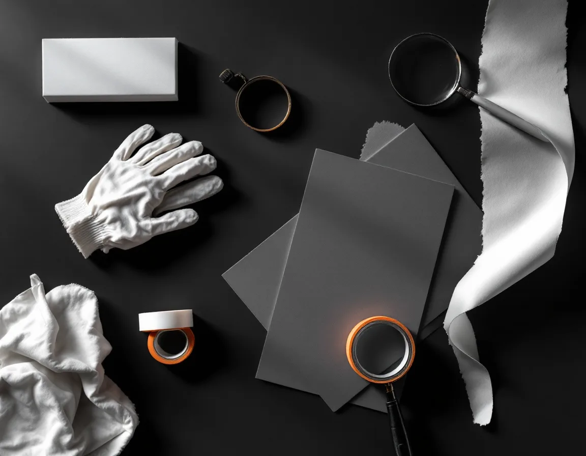 Overhead view of white cotton gloves, a dusting brush, a grey card, and tape on a dark surface