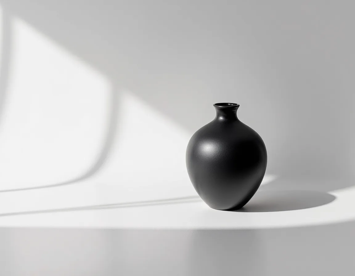 A matte black ceramic vase alone on a pure white paper sweep with one soft shadow beneath it