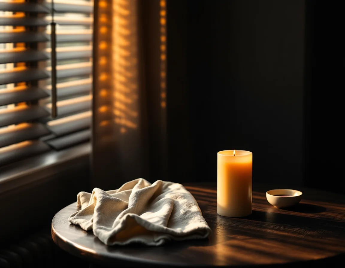 A beeswax candle and folded linen on a walnut table, striped by early light through window blinds